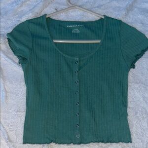 American Eagle Outfitters Green Puff Sleeve Button Down Top